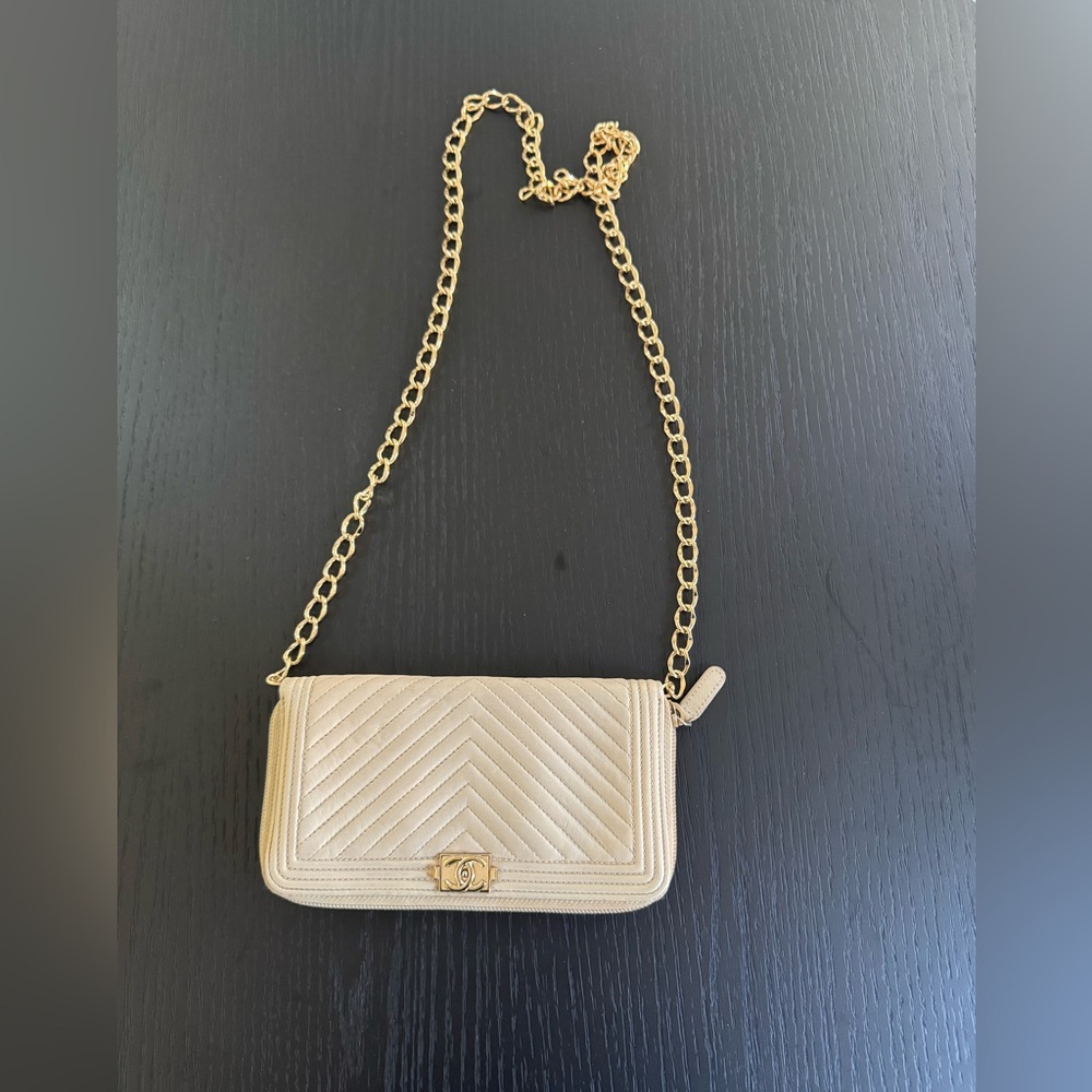 Chanel Chevron Boy Zip Around Wallet With Chain